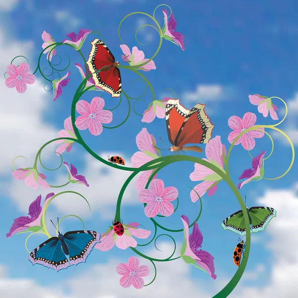 Albero con farfalle e libellule . — Vettoriale Stock