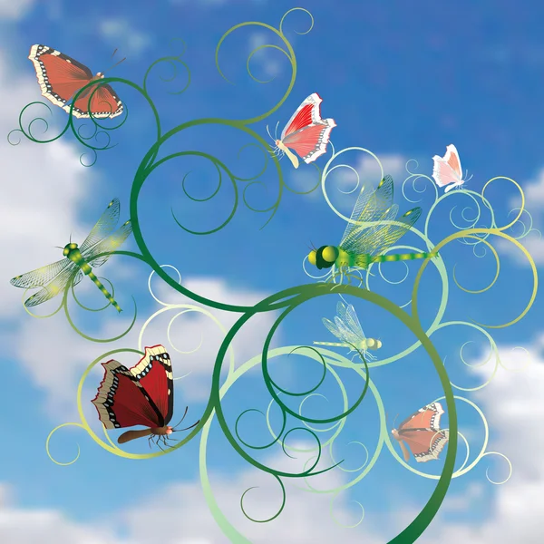 Arbre aux papillons et aux libellules . — Image vectorielle