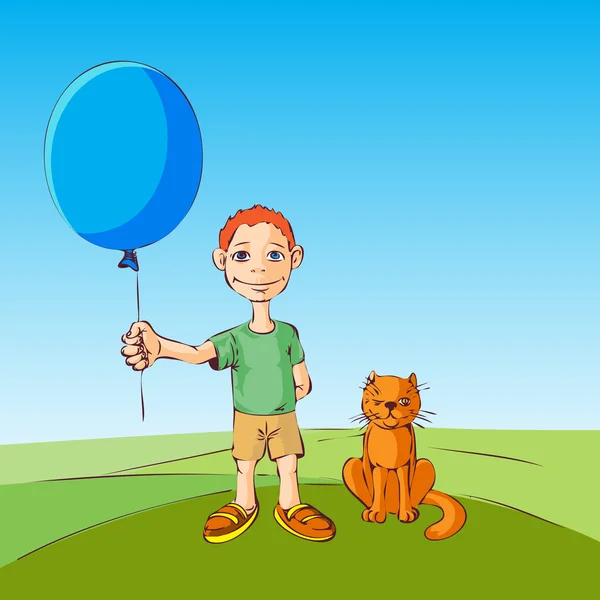 那男孩和猫用充气球走路。矢量 illustrati — 图库矢量图片