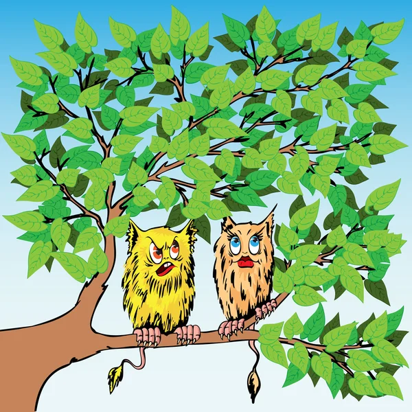 Twee vreemd verliefd wezens zitten op een boom. — Stockvector