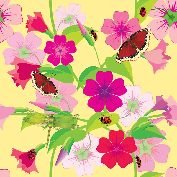 Fondo floreale con farfalle e libellule. Illus vettoriale — Vettoriale Stock