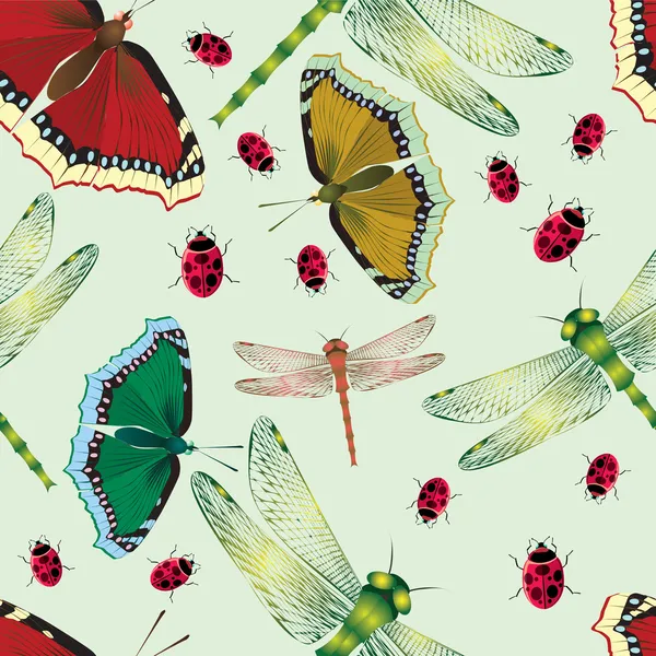 Blumenhintergrund mit Schmetterlingen und Libellen. nahtlos. — Stockvektor