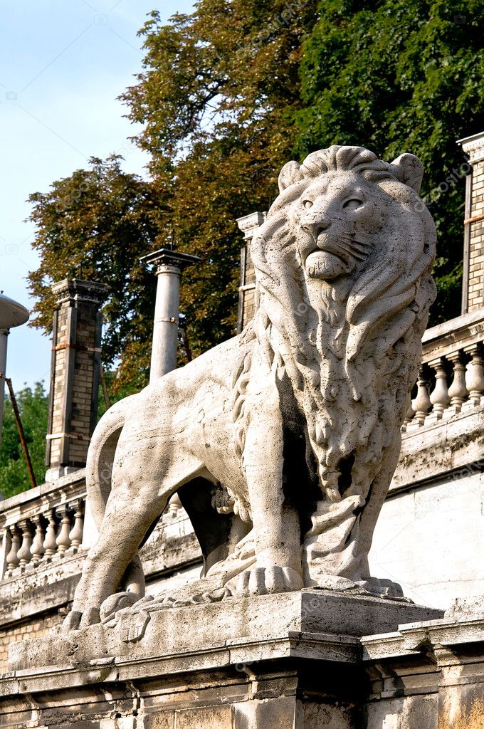 Lion figure at the root of Buda Castle in Budapest