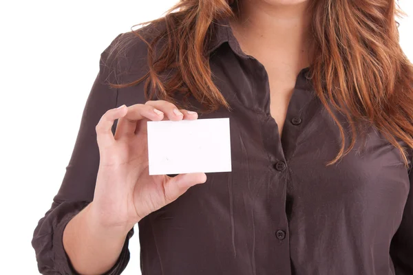Γυναίκα εκμετάλλευση κενή λευκή κάρτα — Φωτογραφία Αρχείου