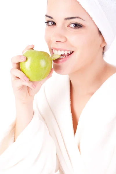 Jabłko jedzenie kobieta — Zdjęcie stockowe