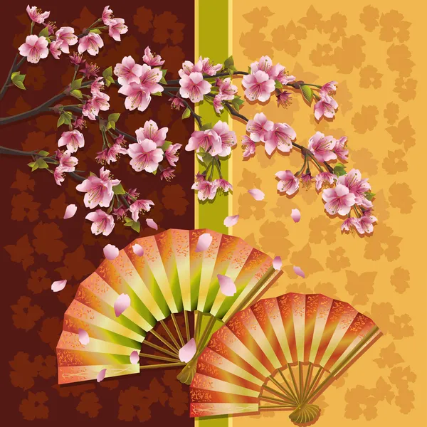Background with two fans and sakura - Japanese cherry tree — Stock Vector