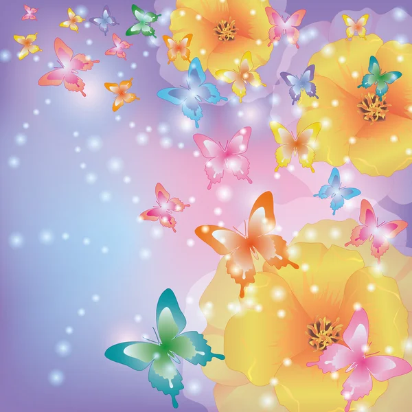 Arka plan ile çiçek haşhaş ve kelebekler — Stok Vektör