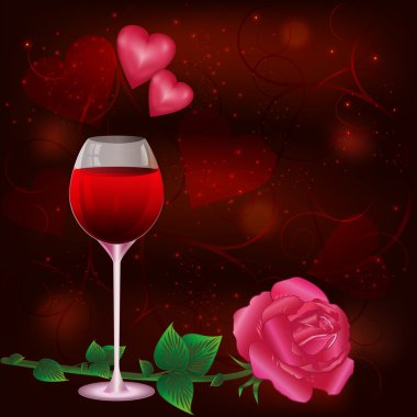 Valentines Day card with wine glass and rose clipart