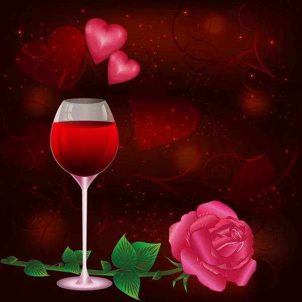 Ημέρα του Αγίου Βαλεντίνου κάρτα με ποτήρι κρασί και τριαντάφυλλο — Διανυσματικό Αρχείο