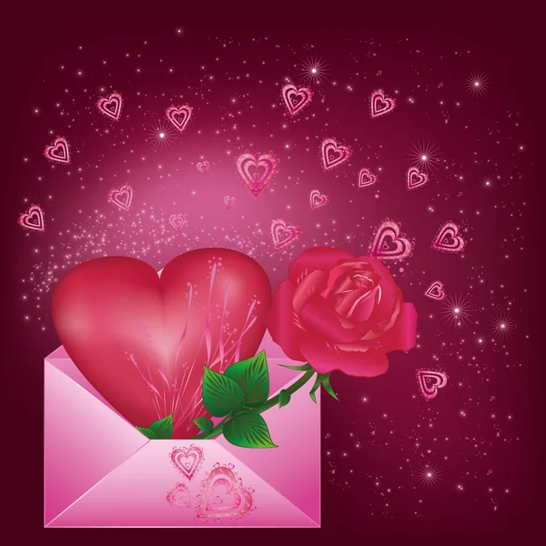 Ευχετήρια κάρτα με την καρδιά και το τριαντάφυλλο — Διανυσματικό Αρχείο