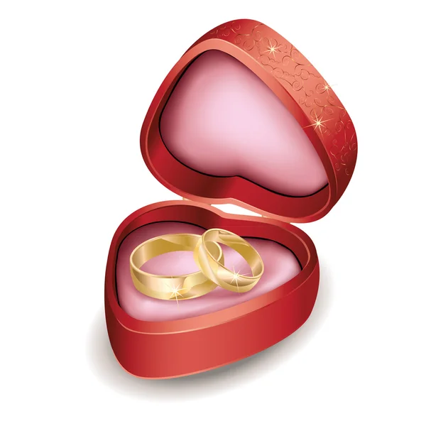 Anéis de casamento em caixa vermelha em forma de coração — Vetor de Stock