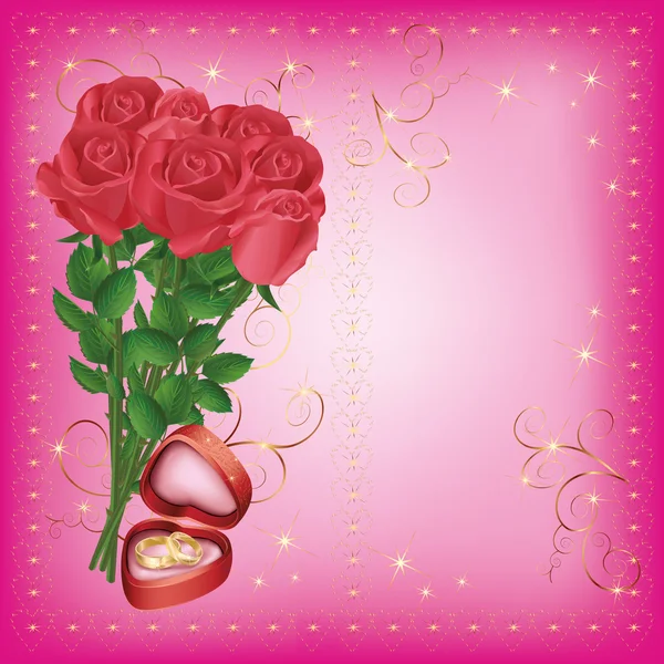 Saudação de casamento e cartão de convite com rosas e anel de casamento — Vetor de Stock