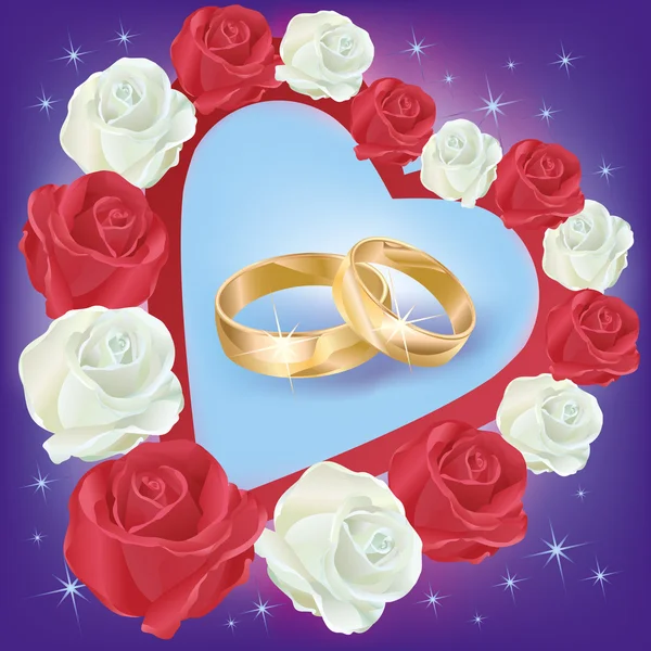 Wedding rings with white and red roses — Stock Vector