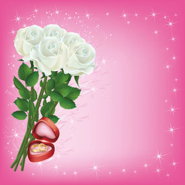 Üdvözlés, vagy a pályázati lapot esküvői fehér rózsákkal és esküvői — Stock Vector