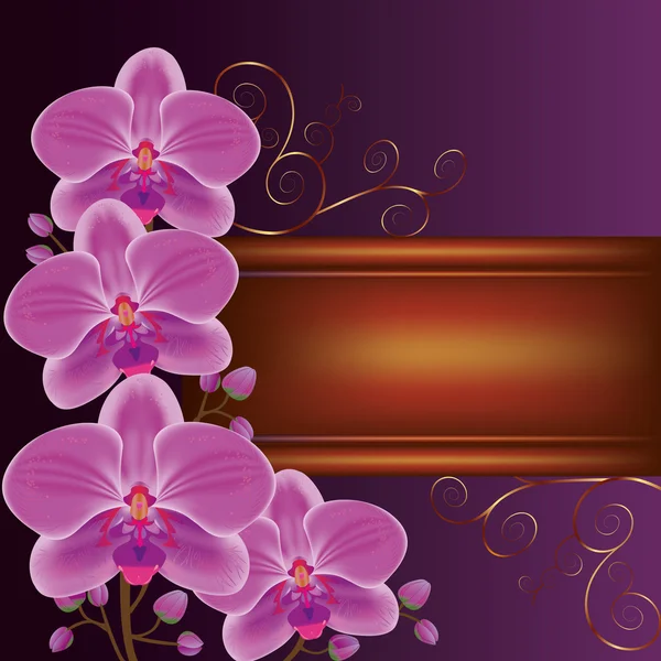 Arrière-plan avec des orchidées de fleurs exotiques, décorées avec un cur doré — Image vectorielle
