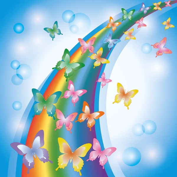 Luce sfondo colorato con arcobaleno e farfalle, decorare — Vettoriale Stock