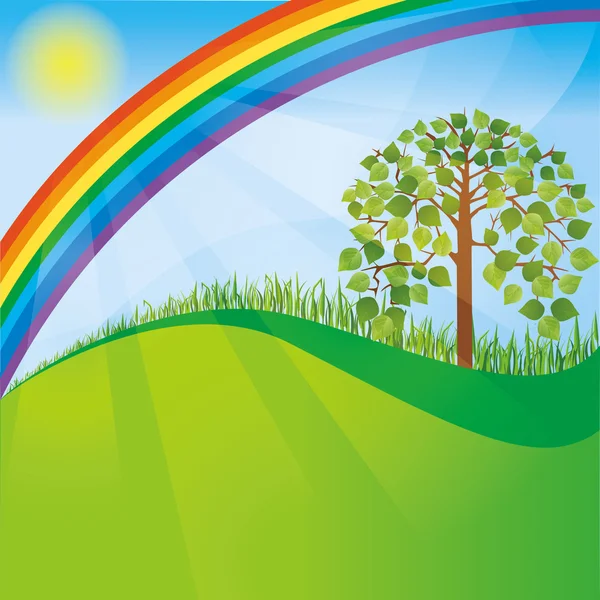 Letní a jarní příroda pozadí s strom a rainbow — Stockový vektor