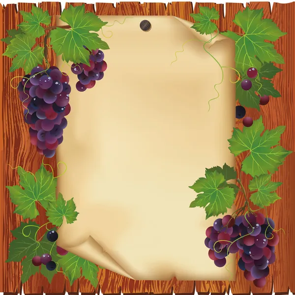 Фон з виноградом і папером на дерев'яній дошці — стоковий вектор