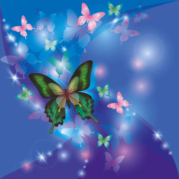 Brilhante brilhante fundo abstrato azul - violeta com borboleta — Vetor de Stock