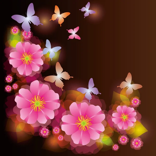 エキゾチックな花と蝶と抽象的な背景 — ストックベクタ