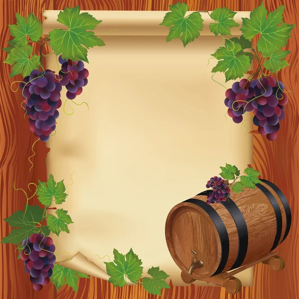 Фон с виноградом, бочкой и бумагой на деревянной доске — стоковый вектор