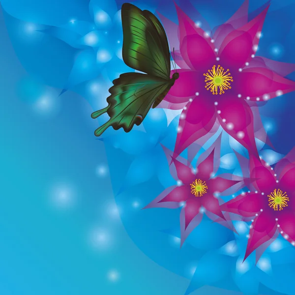 Achtergrond met exotische bloemen en vlinder — Stockvector
