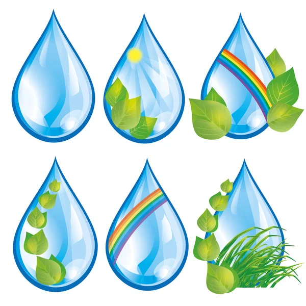Conjunto de gotas de agua con hojas — Vector de stock