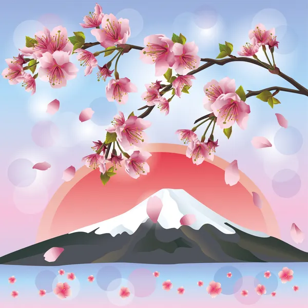 Japanse landschap met bergen en sakura bloesem — Stockvector