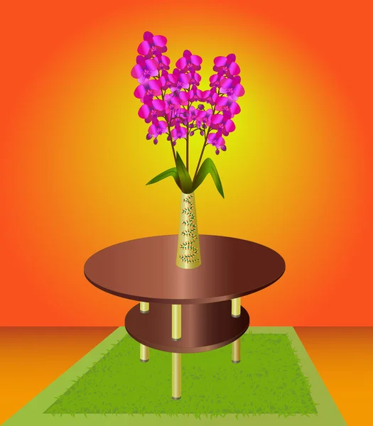 커피 테이블에 꽃병에 난초의 꽃다발 — 스톡 벡터