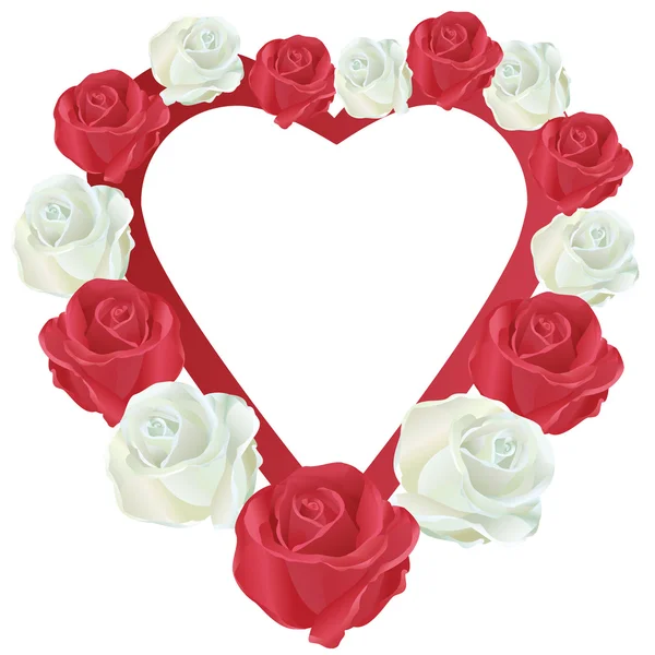 Coração com rosas brancas e vermelhas — Vetor de Stock
