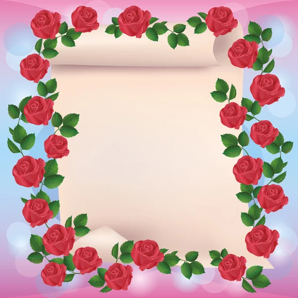 Tarjeta de felicitación o invitación con papel y rosas rojas — Vector de stock