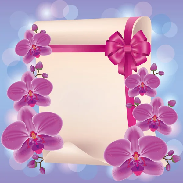 Greeting or invitation card with purple orchid and paper — Stock Vector