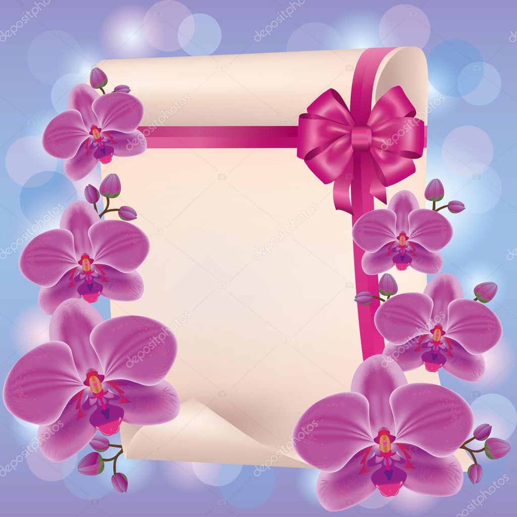Greeting or invitation card with purple orchid and paper Stock ...