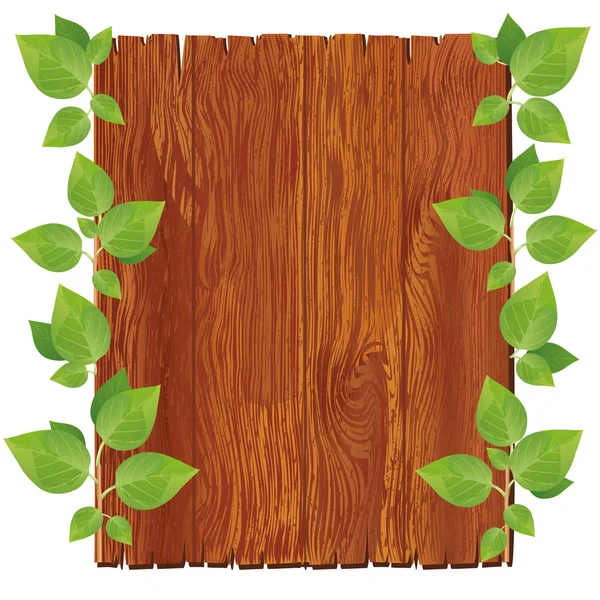 Houten bord met groene bladeren — Stockvector