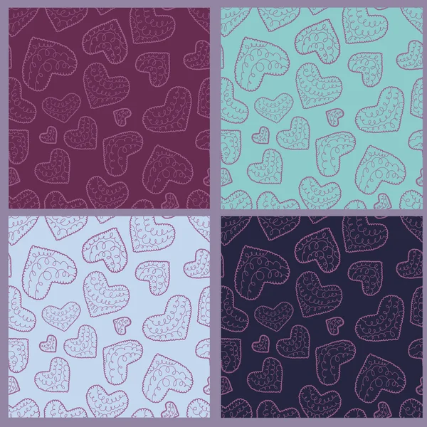Collection of seamless patterns with hearts — Stock Vector