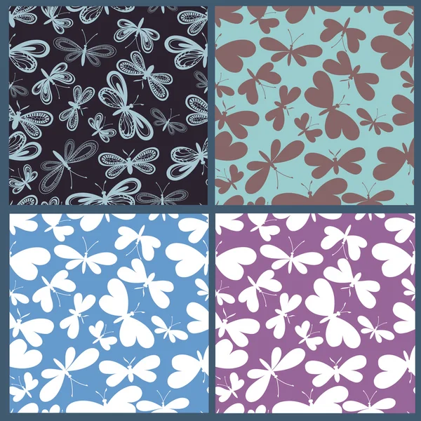 Collection of butterflies seamless patterns — Stock Vector