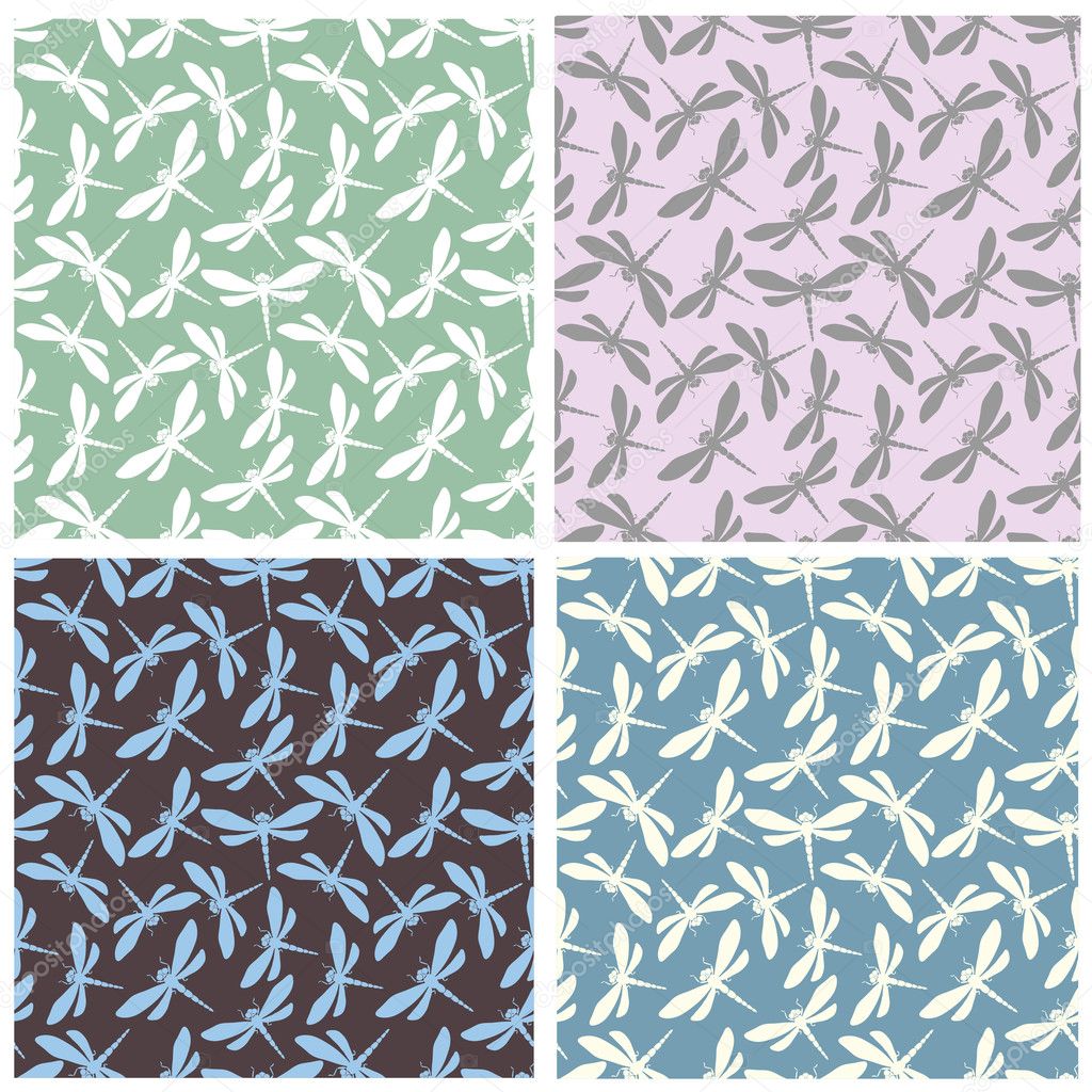Collection of dragonflies seamless patterns