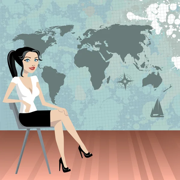 世界地图的业务女人 — 图库矢量图片