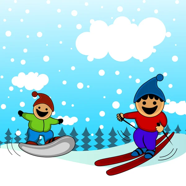 Дети катаются на лыжах — стоковый вектор