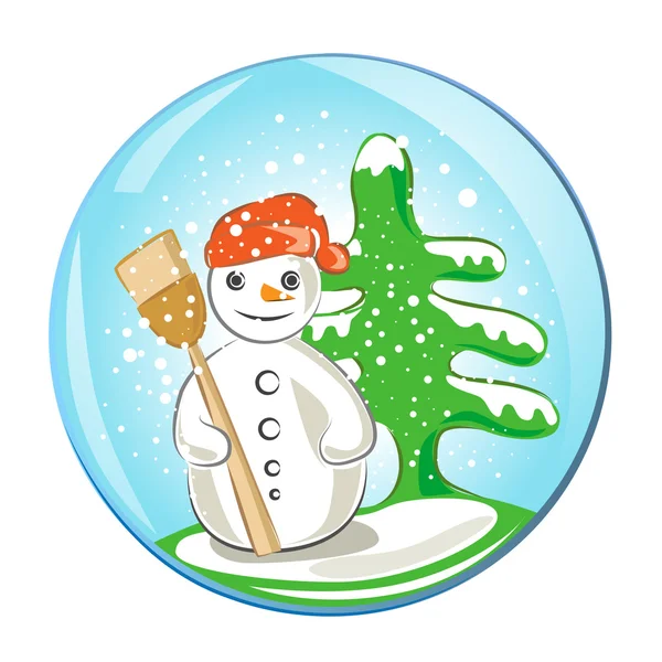Boneco de neve com globo de pinheiros — Vetor de Stock