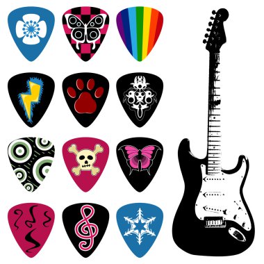 Pick and guitar icon set clipart