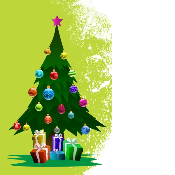 Albero di pino natalizio con ornamento e confezione regalo — Vettoriale Stock