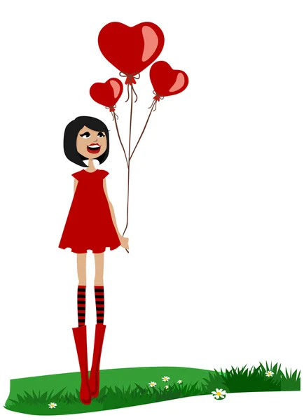 Menina segurando balão vermelho — Vetor de Stock