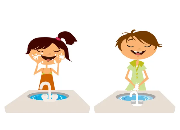 Crianças lavar rosto e mão no banheiro —  Vetores de Stock