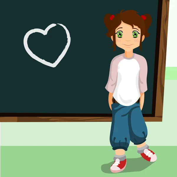 Student op het schoolbord met hartsymbool — Stockvector