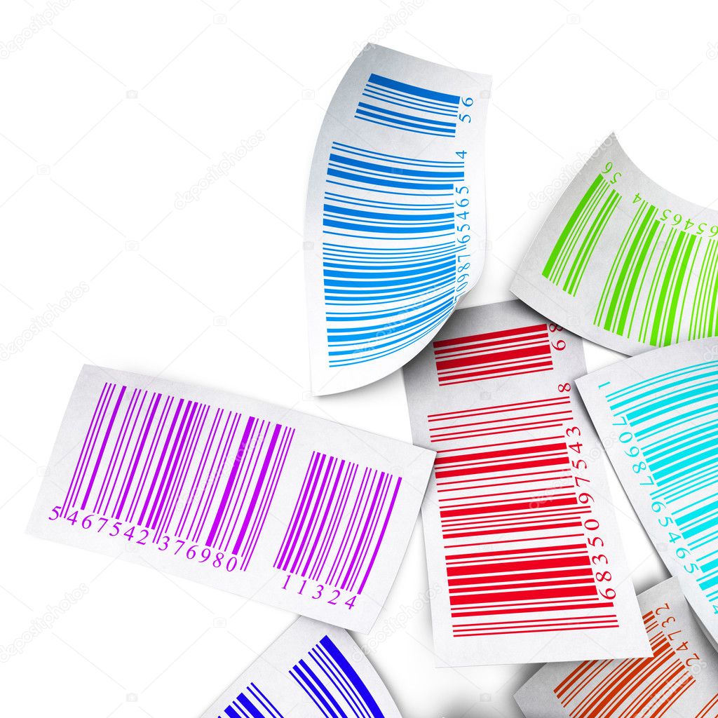 Multicolored bar codes top view over white