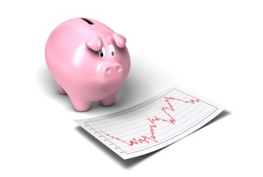 Worried piggy bank looking at bad news clipart