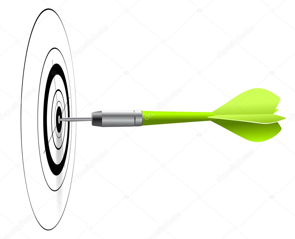 Green dart hitting center of target, aim goal or objective