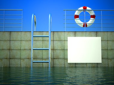 3d life ring and empty billboard on safety barriers at swimming pool clipart