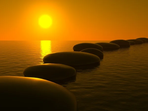 Pedras Zen na água, pôr do sol — Fotografia de Stock